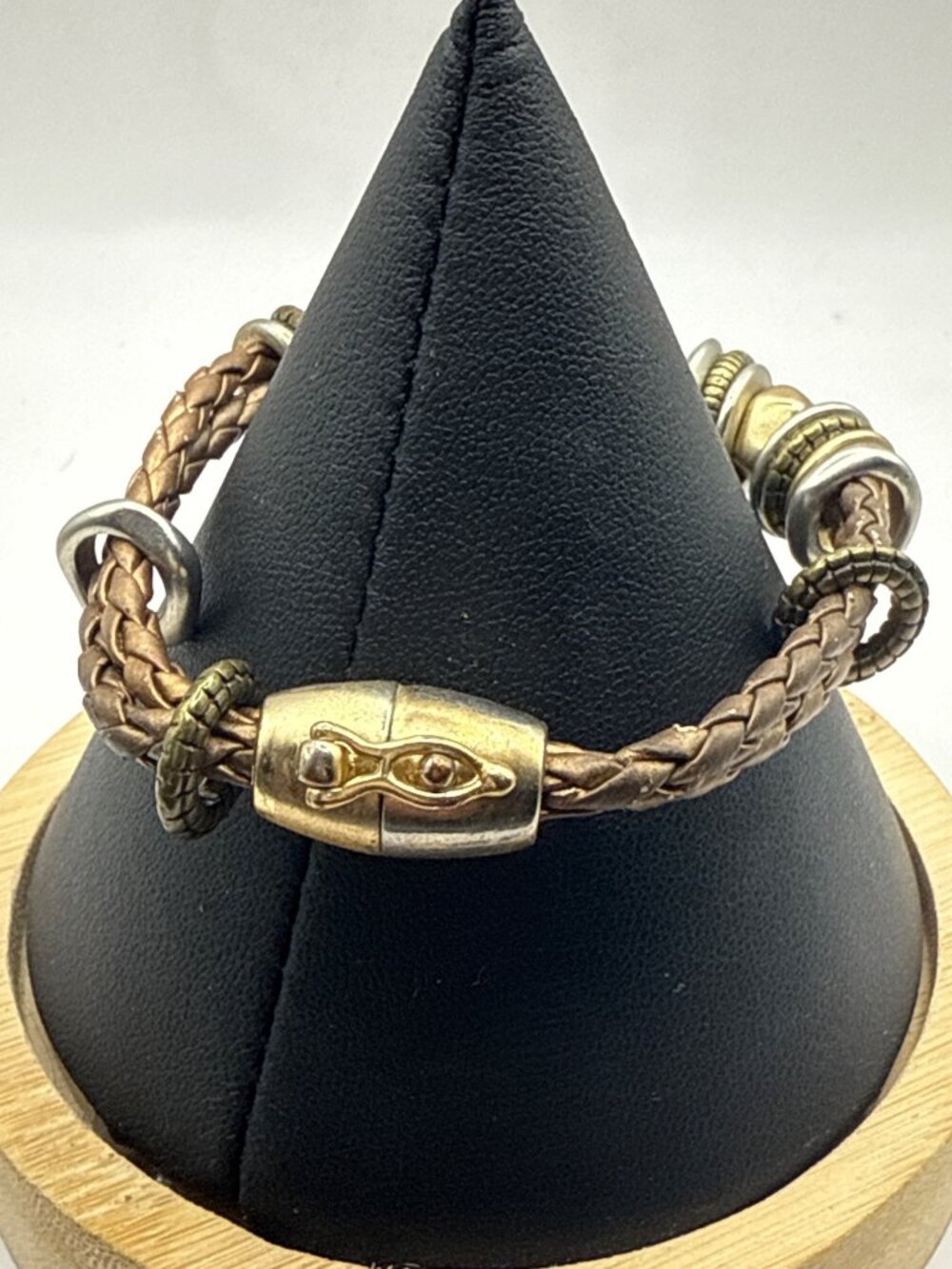Bisma Braided Leather Charm Bracelet Mixed Metal Two-Tone Crystal Boho - Picture 2 of 5